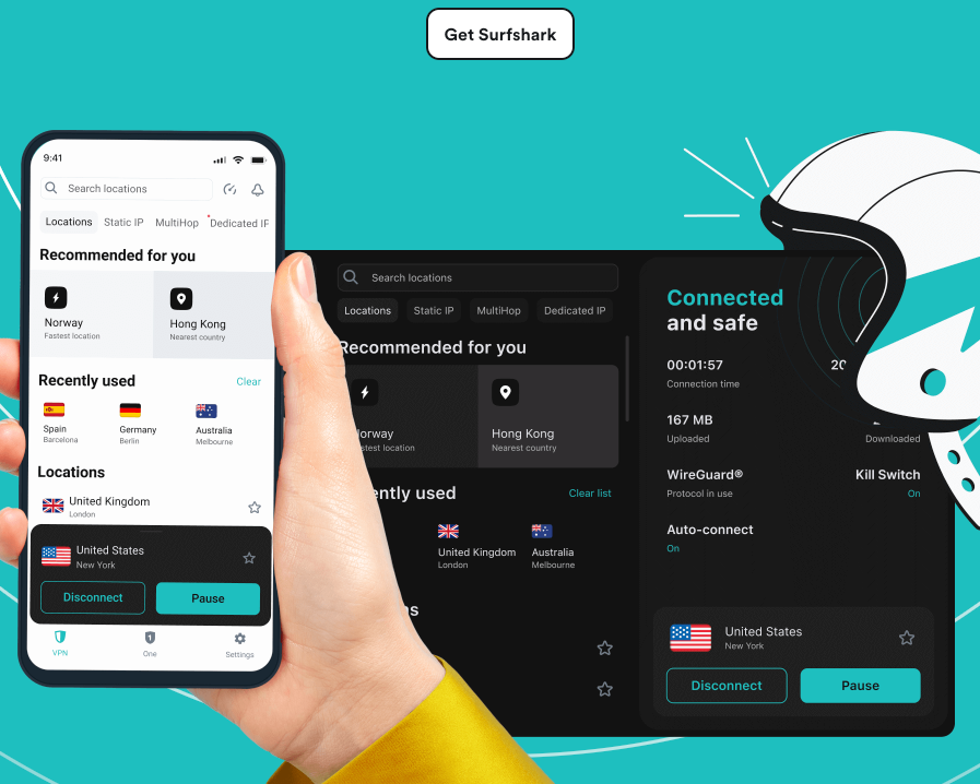 A picture of a hand holding a cell phone with the image of surfshark VPN and the desktop application of surfshark in the background